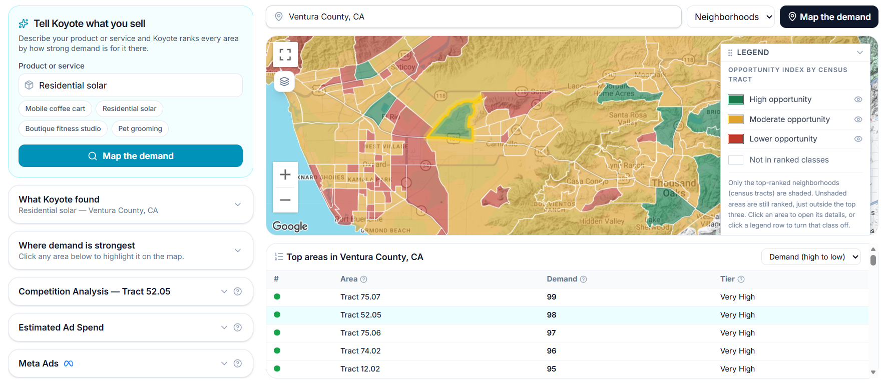 Koyote Demand Mapping results scoring neighborhoods by demand strength